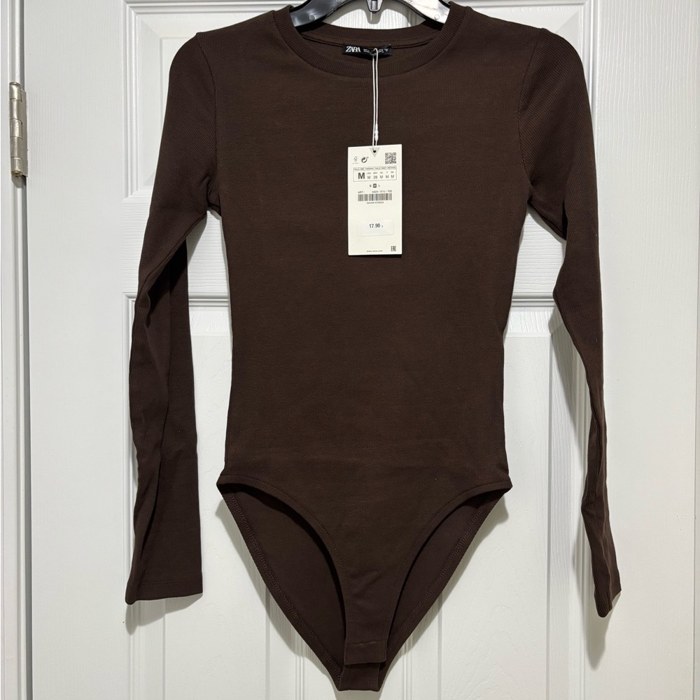 Zara Long Sleeve Ribbed Bodysuit- Brown